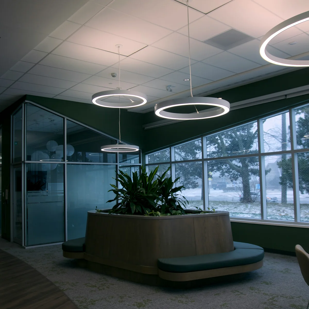 Contemporary office lobby with circular lighting
